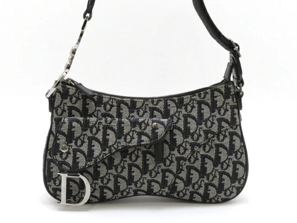 Christian Dior Trotter Hobo Bag Black Gray Canvas Leather